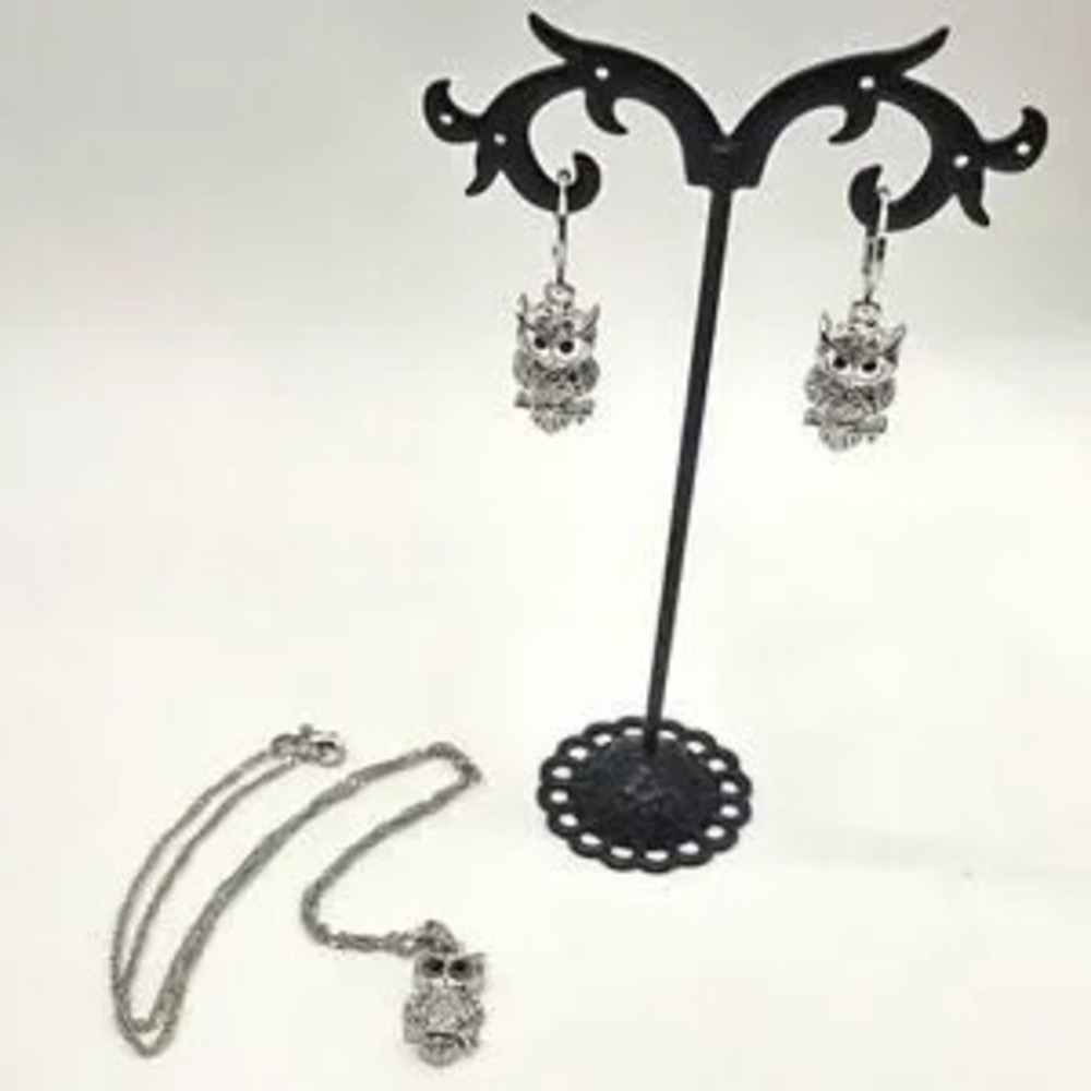 925 Silver Owl Necklace & Earring Set W/ CZ Diamonds Anniversary Birthday Gift